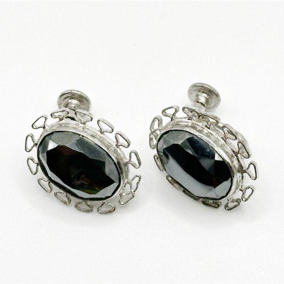 Sterling Hematite Screwback Earrings Marked CC Sterling - Picture 1 of 2